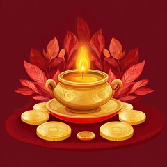happy dhanteras festival card with golden coin pot and oil diya vector.generative ai