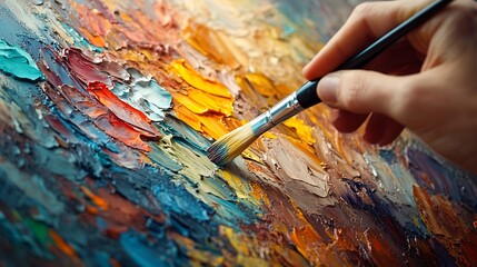 Obraz premium Artists Hand with Paintbrush on Canvas Closeup of an artists paintcovered hand as they apply vibrant colors to a canvas : Generative AI