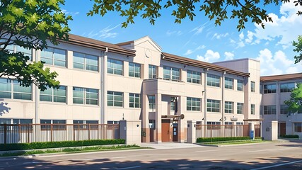 Modern School Building with Green Trees and a Fenced Yard