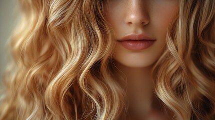 Naklejka premium Beauty blonde girl with long and shiny wavy hair Beautiful woman model with curly hairstyle Perm trichology and care : Generative AI