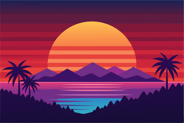 Naklejka premium Sunset Over Mountains and Palm Trees with a Body of Water