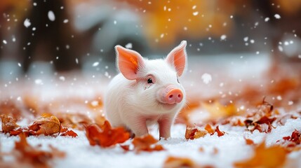 horizontal image, cute piglet on a fall background. farm animal welfare concept. For vegan, banner, design, LinkedIn, social media, blog, youtube, cover, etsy, thumbnail, wallpaper
