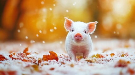 horizontal image, cute piglet on a fall background. farm animal welfare concept. For vegan, banner, design, LinkedIn, social media, blog, youtube, cover, etsy, thumbnail, wallpaper