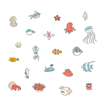 手描きのかわいい海の生き物のイラストセット