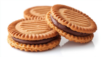 Three chocolate filled biscuits, isolated on white.