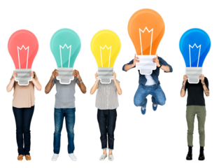 People holding bulbs png sticker, transparent background