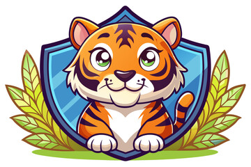 Cute Cartoon Tiger Peeking from Behind a Shield