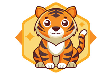 Cartoon Illustration of a Sitting Tiger with a Yellow Hexagon Background