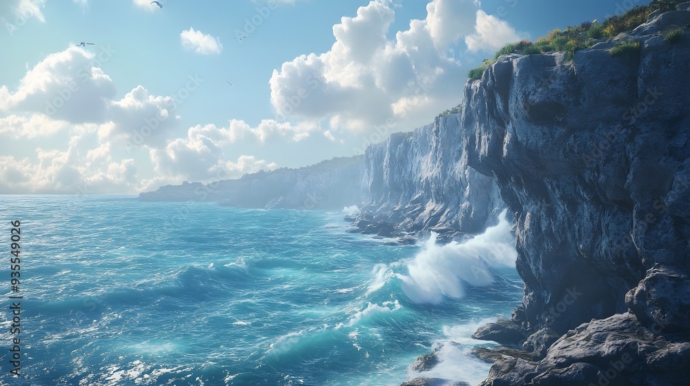 Poster 24. 3d representation of a serene coastal cliff with crashing waves and rugged rock formations, disp