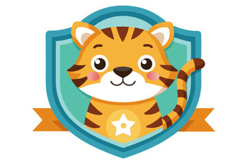 Cute Cartoon Tiger in a Shield with Ribbon