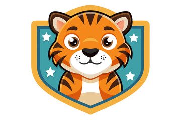 Cartoon Tiger Face in Shield with Stars
