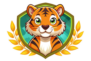 Cartoon Tiger with Green Eyes in Shield with Golden Leaves