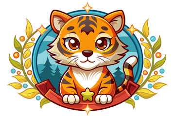 Obraz premium Adorable Cartoon Tiger Holding a Star Within a Decorative Wreath