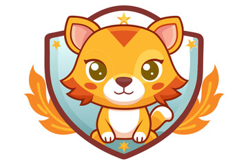 Cute Cartoon Cat with Flame Wings Inside a Shield