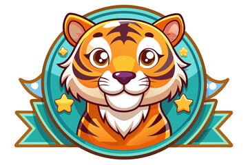 Cartoon Tiger Mascot with Blue Circle and Ribbon