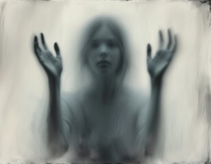 Fototapeta premium Heavily blurred shadow figure with an indistinct face, emerging from behind frosted glass, creating a gender-ambiguous and eerie horror scene.