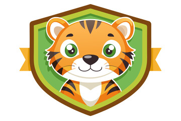 Cartoon tiger head in a shield with a yellow ribbon