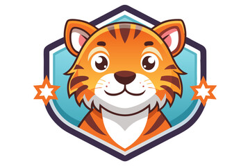 Cartoon Tiger with Stars in a Hexagon Shaped Badge