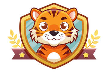 Cartoon Tiger Head Inside a Golden Shield with Laurel Wreaths