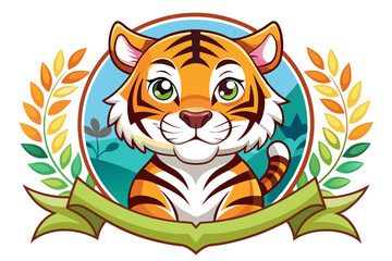 Cute Cartoon Tiger with Green Leaves and a Banner