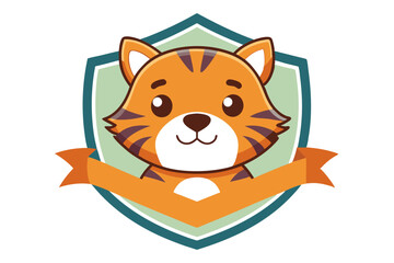 Cartoon Tiger with Striped Fur Inside a Shield with a Ribbon Banner
