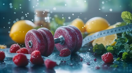 Banner for National Nutrition Month with fresh products dumbbells and measuring tape : Generative AI