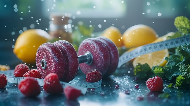 Banner for National Nutrition Month with fresh products dumbbells and measuring tape : Generative AI