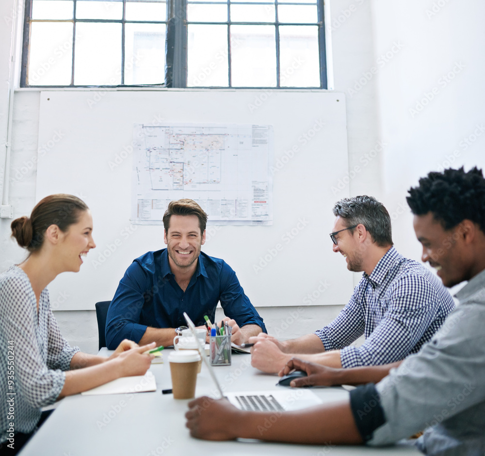 Poster architecture, happy or team in meeting for planning, presentation or project management at plans. de