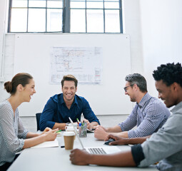 Architecture, happy or team in meeting for planning, presentation or project management at plans....