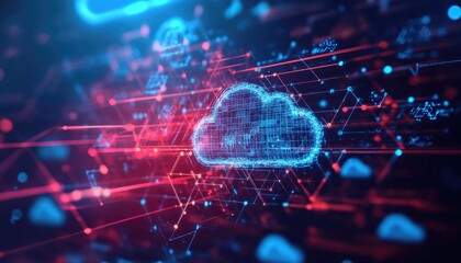 Obraz premium Abstract 3D cloud computing network with red and blue light.