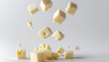 Falling pieces of white cheese
