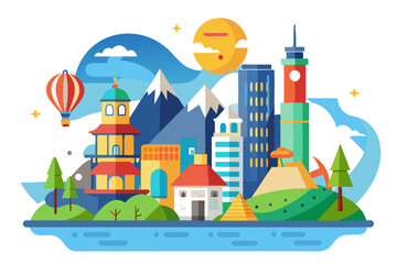 Fototapeta premium Colorful Cityscape with Mountains, a Hot Air Balloon, and a River