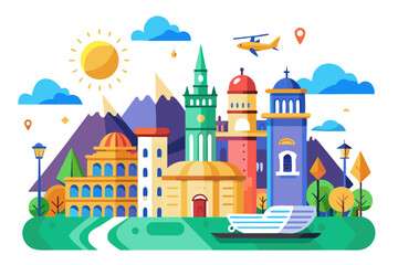 Colorful Cityscape with Buildings, Sun, Clouds, and Helicopter