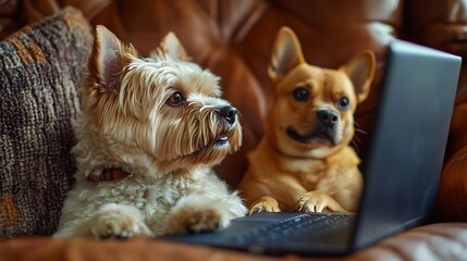 Back view of dog talking to dog friends in video conference Group of dogs having an online meeting in video call using a laptop Labradoodle and boxer dog chatting online Pets using a c : Generative AI