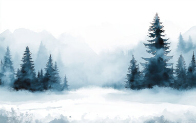 Christmas illustration design of snowy winter forest over white background and empty space for text. Wallpaper for social media marketing or web header.