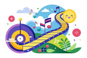 Colorful Abstract Illustration of a Winding Yellow Path Leading to a Smiling Sun
