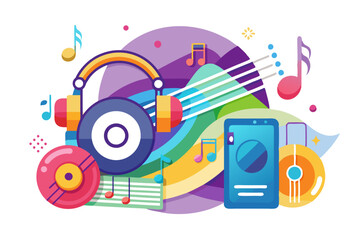 Abstract Music Illustration with Headphones, Phone, and Music Notes