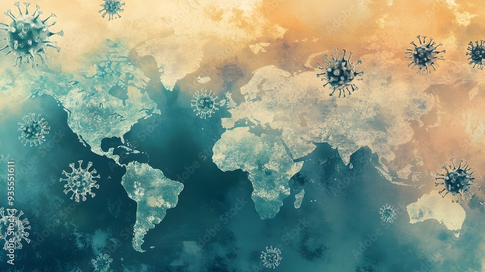 Poster digital depicting the global spread of the flu virus across a world map emphasizing the widespread i