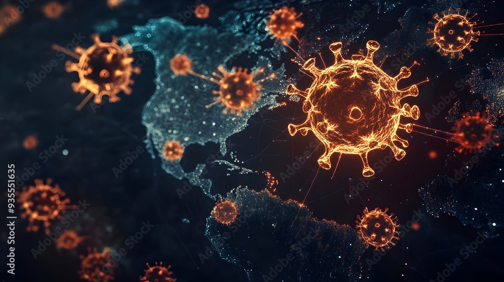 Poster digital of flu virus spreading across global map emphasizing worldwide impact and copyspace for mess