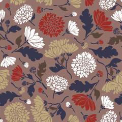 Seamless pattern with chrysanthemums in blue, red and beige colors. Background for fabric, wallpaper, various surfaces. Vector illustration.