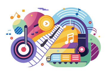 Colorful Abstract Illustration Featuring Music Symbols and Geometric Shapes