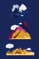 Three natural objects in the landscape. Village in the desert, snowy mountain peaks, road into the hills. Vector illustration.