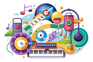 Colorful Abstract Composition Featuring a Keyboard and Musical Elements
