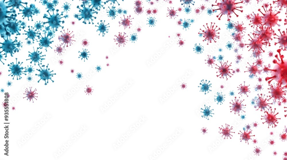 Aufkleber conceptual of flu virus or covid 19 pandemic with red and blue virus particles floating on a clean m
