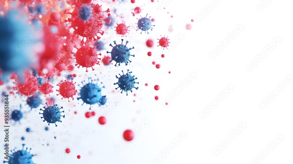 Aufkleber minimalist and abstract 3d rendering of a flu virus concept with red and blue microscopic particles 