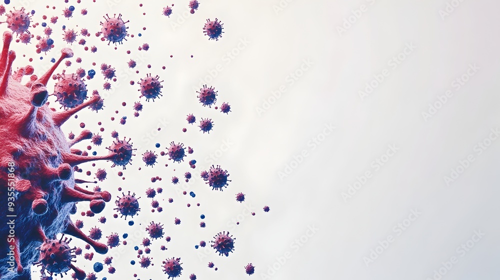Aufkleber minimalist and modern of red and blue flu virus particles or molecules floating against a clean and 