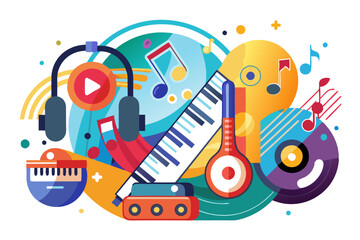 Colorful Abstract Composition Featuring Music Instruments and Symbols