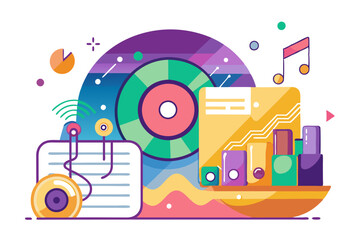 Obraz premium Abstract Colorful Composition with Geometric Shapes and Music Elements