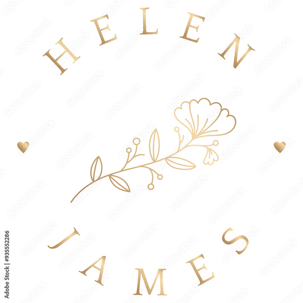 Wall mural Png wedding badge with groom and bride’s names golden floral luxury style