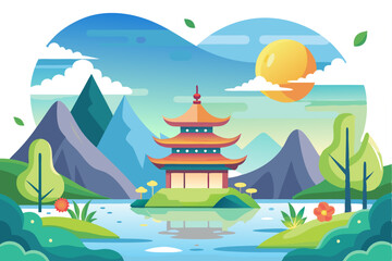 A Pagoda on a Small Island in a Mountainous Landscape with a Lake